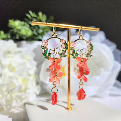 Kitty with Sakura floral earrings, Japanese dainty cat flower dangle earrings, Sakura blossom earrings, gift for her