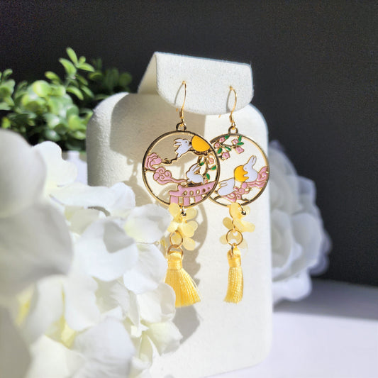 Yellow Osmanthus earrings, Japanese osmanthus blossom with rabbit bunny earrings, animal and floral earrings, gift for her