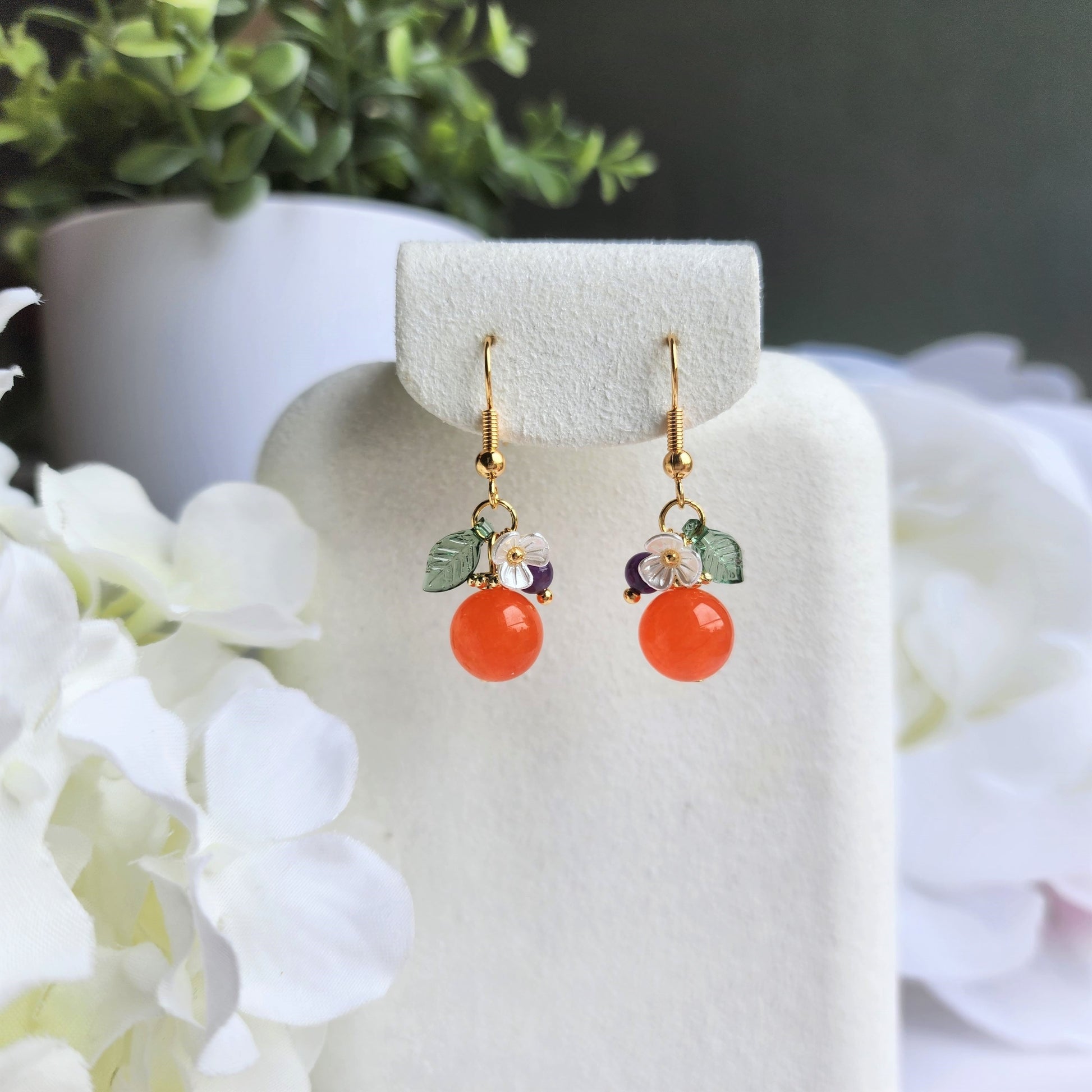 Jade Orange earrings, Natural Jade orange dangle earrings, food earrings, fruit earrings, Gift for her