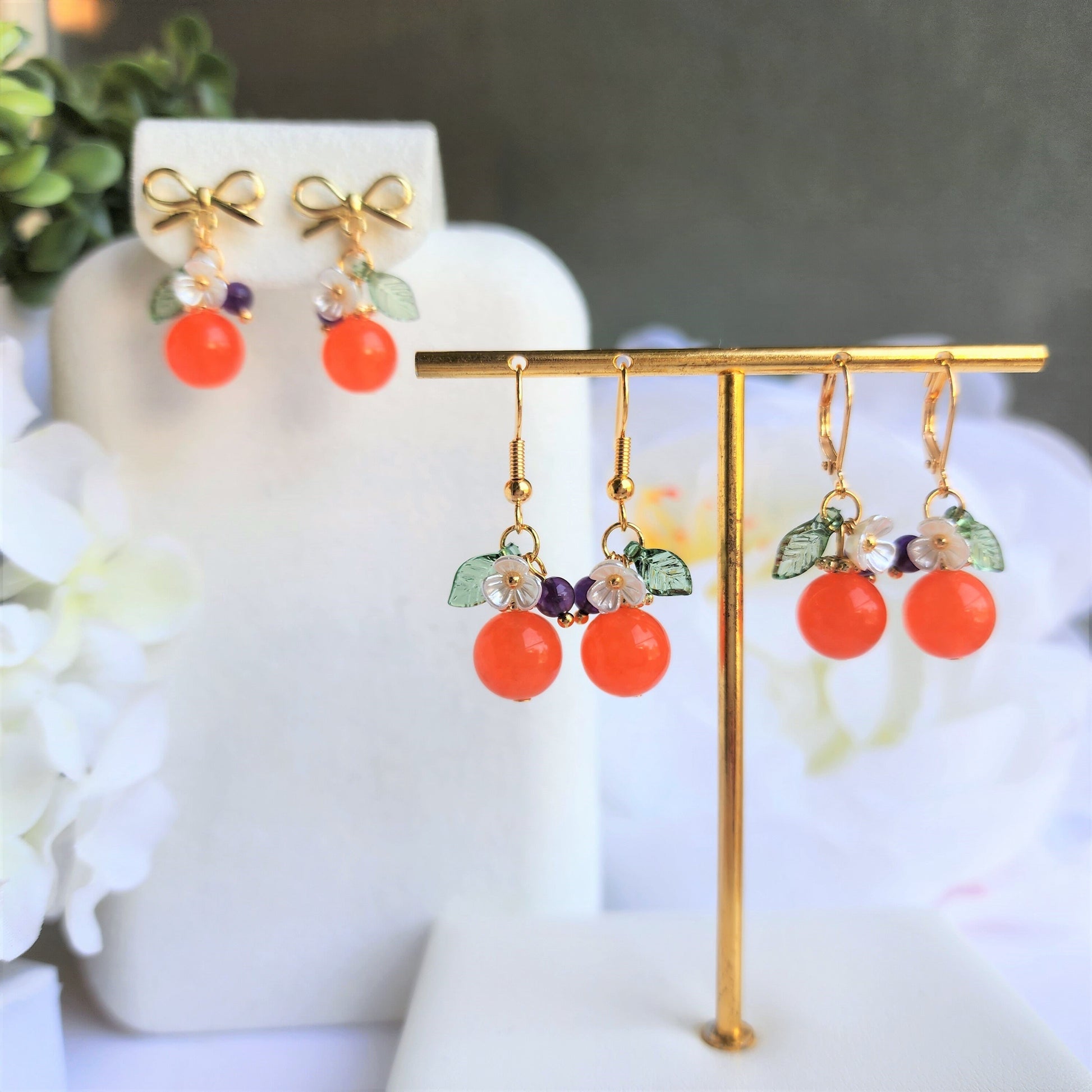 Jade Orange earrings, Natural Jade orange dangle earrings, food earrings, fruit earrings, Gift for her
