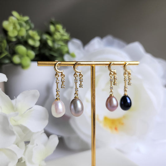 Sweet moon pearl gold vermeil earrings, Freshwater pearl dangle earrings, gift for her