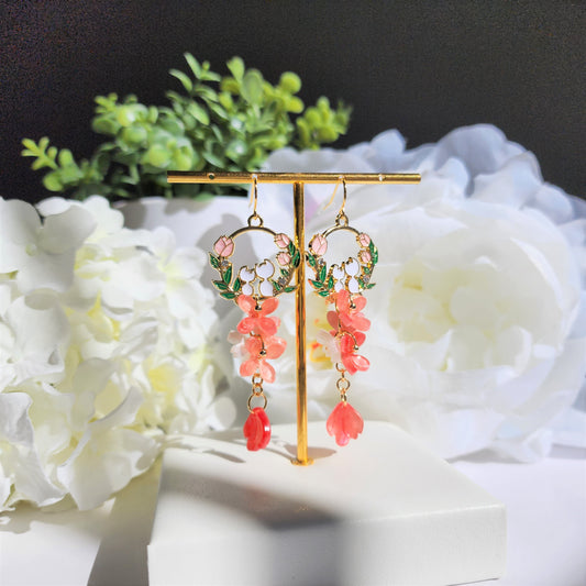 Kitty with Sakura floral earrings, Japanese dainty cat flower dangle earrings, Sakura blossom earrings, gift for her
