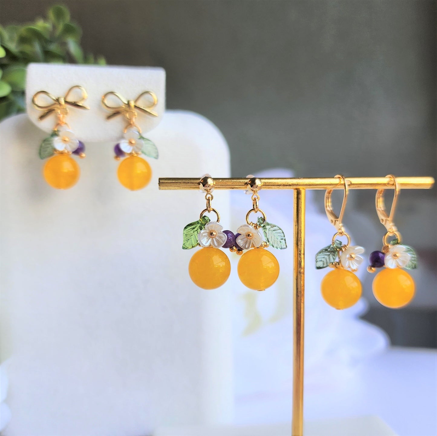 Jade Orange earrings, Natural Jade orange dangle earrings, food earrings, fruit earrings, Gift for her