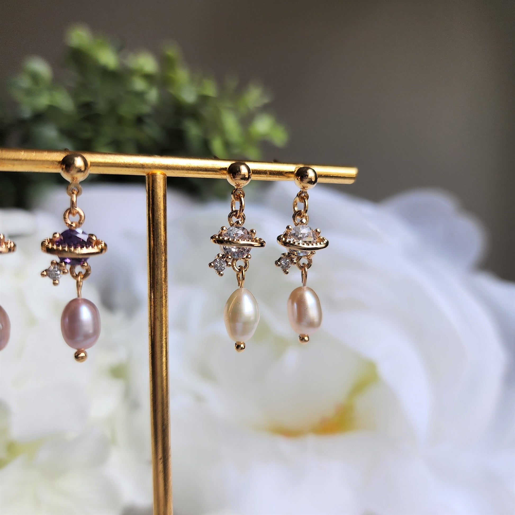 Saturn pearl earrings, galaxy pearl dangle earrings, universe system earrings, star/planet earrings, celestial drop earrings