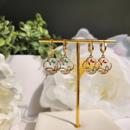 Chinese garden view huggie hoops, Asian ancient landscape dangle earrings, Hoop earrings, gift for her