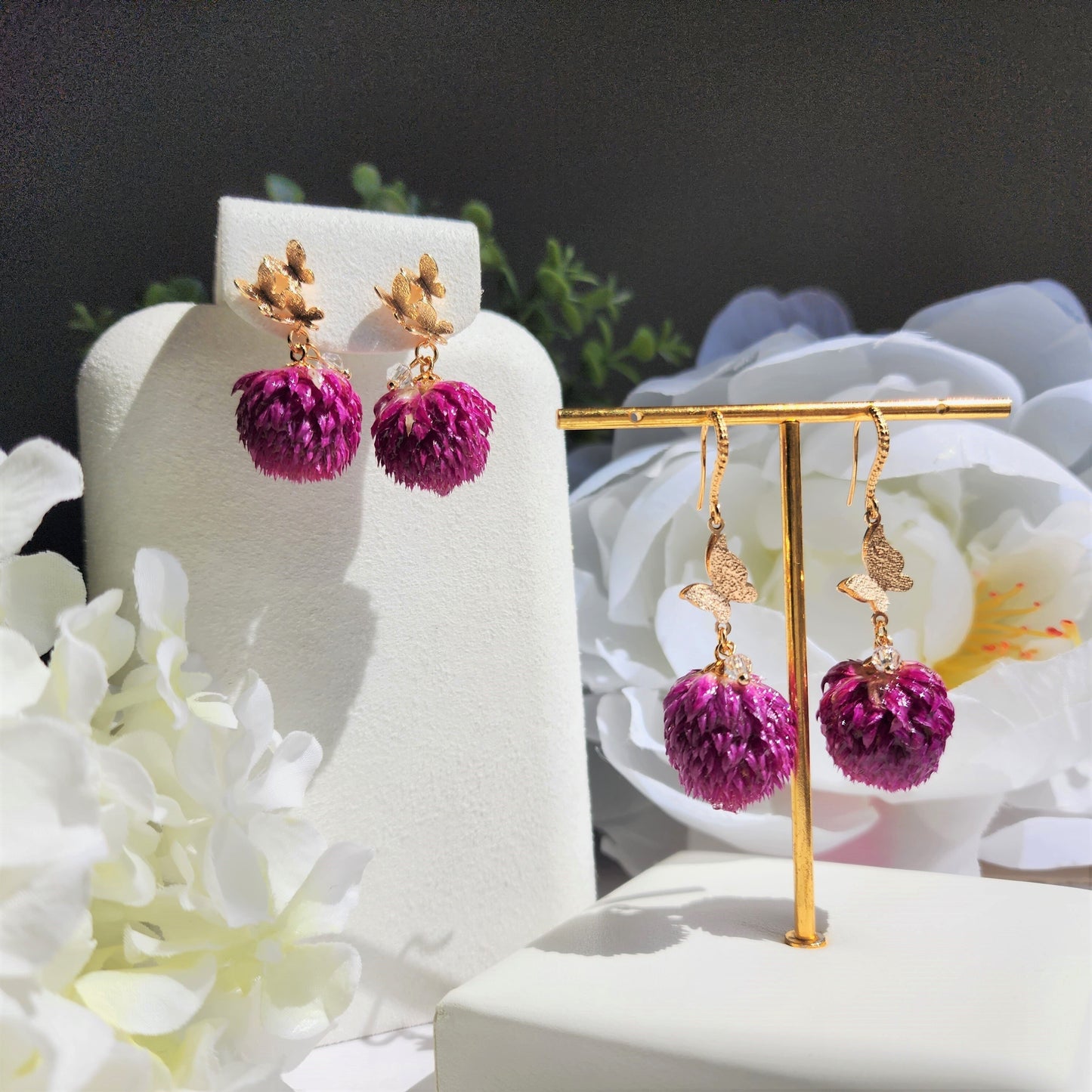 Thousand Day Red flower earrings, Botanical earrings, Real globe Amaranth flower earrings, gift for her