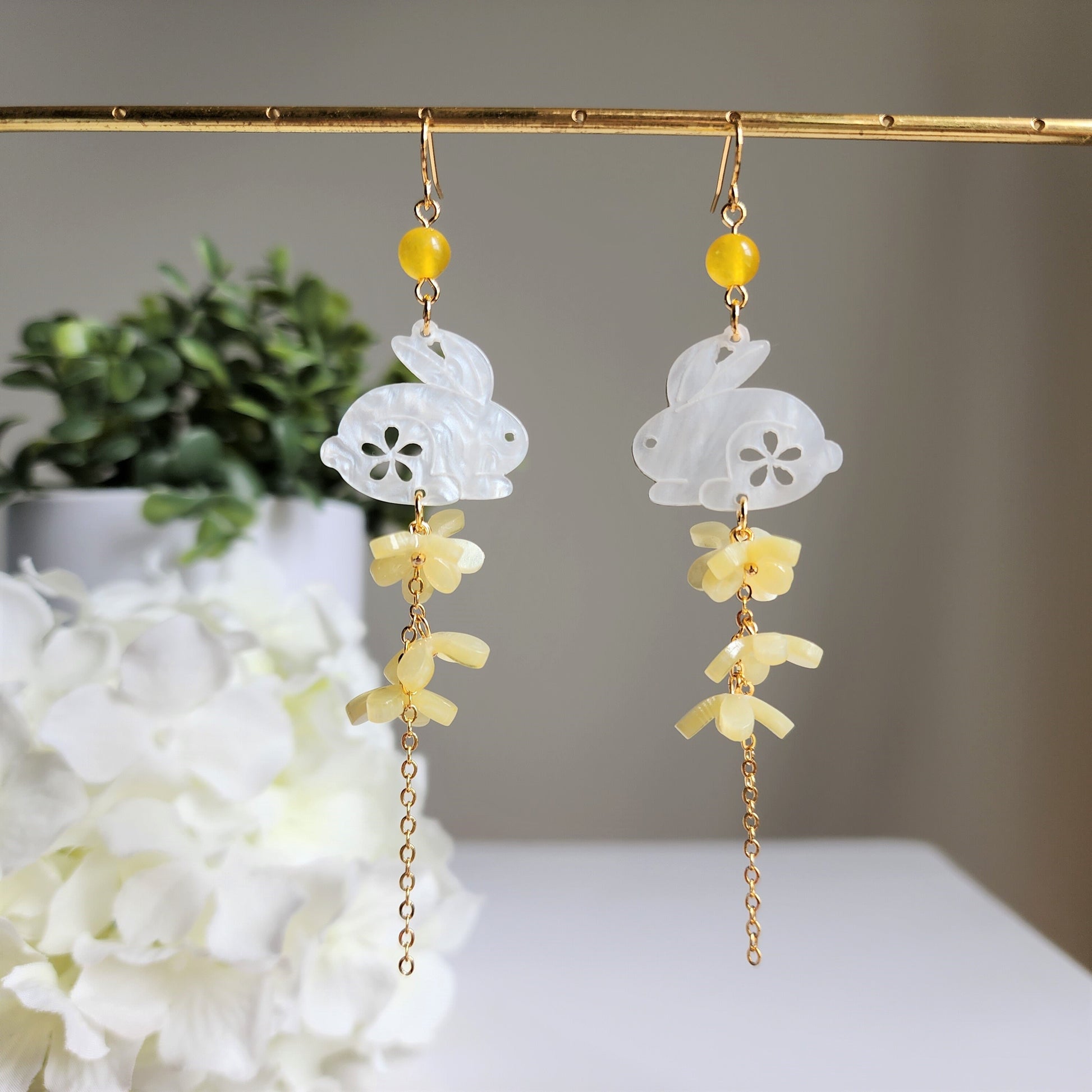 Osmanthus floral jade earrings, Japanese rabbit with blossom flower earrings, Japanese bunny earrings, gift for her