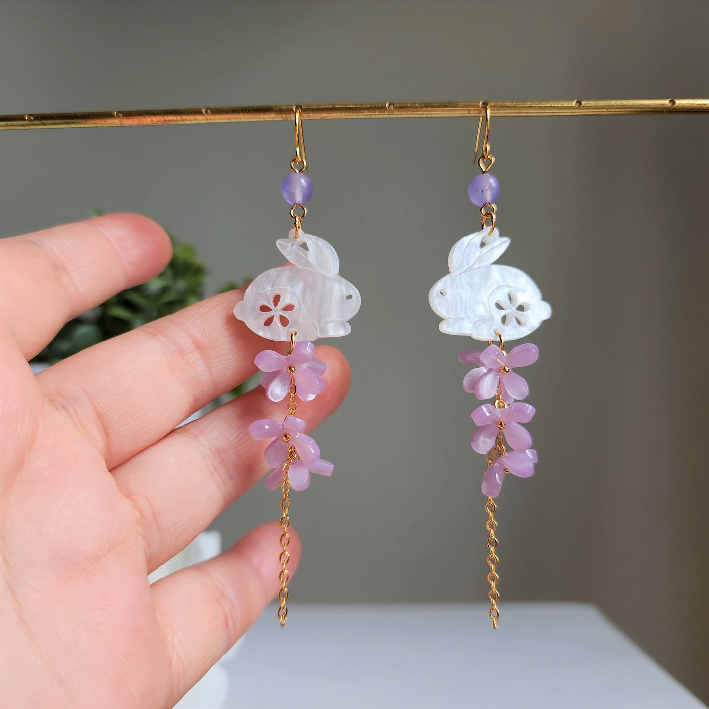 Osmanthus floral jade earrings, Japanese rabbit with blossom flower earrings, Japanese bunny earrings, gift for her