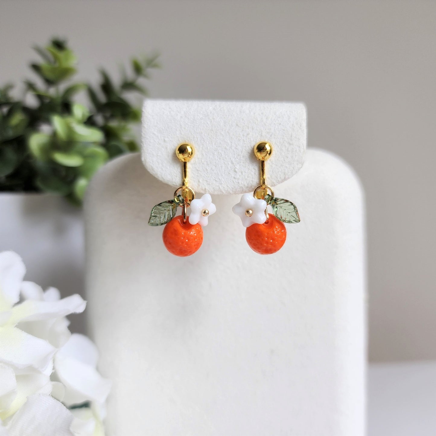 Orange earrings, Czech glass orange earrings, fruit dangle earrings