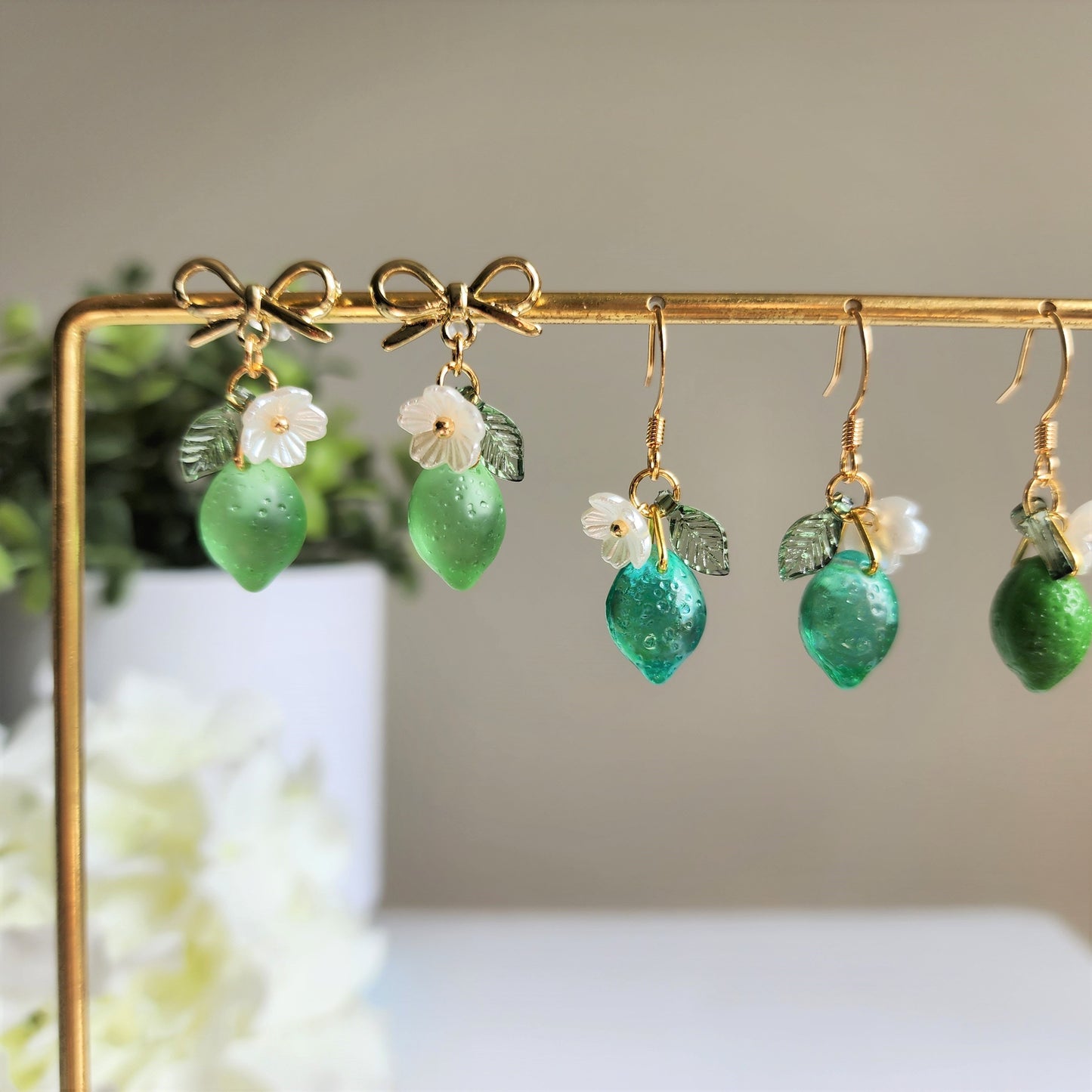 Lime Earrings, Glass green lemon dangle Earrings, Fruit earrings, Food earrings, gift for her