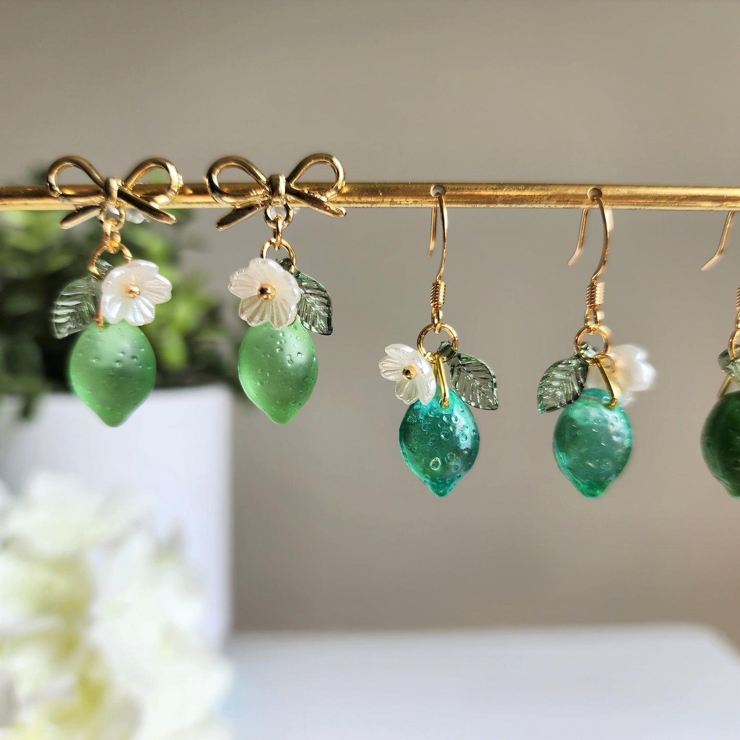 Lime Earrings, Glass green lemon dangle Earrings, Fruit earrings, Food earrings, gift for her