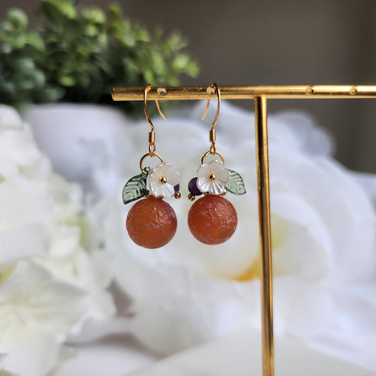 Old orange dangle earrings, natural Agate orange earrings, Fruit earrings, Gift for her
