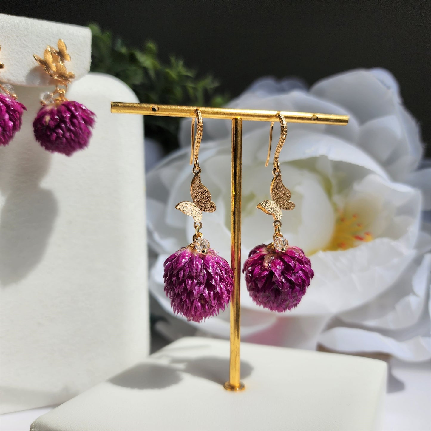 Thousand Day Red flower earrings, Botanical earrings, Real globe Amaranth flower earrings, gift for her