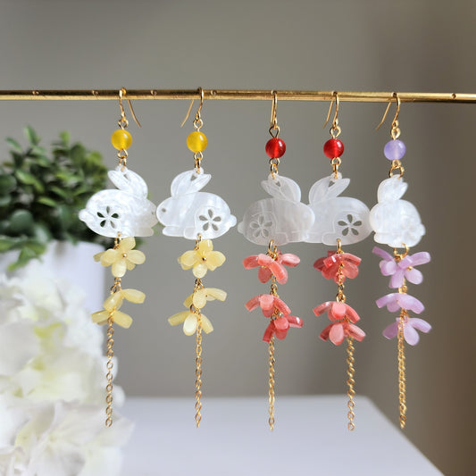 Osmanthus floral jade earrings, Japanese rabbit with blossom flower earrings, Japanese bunny earrings, gift for her