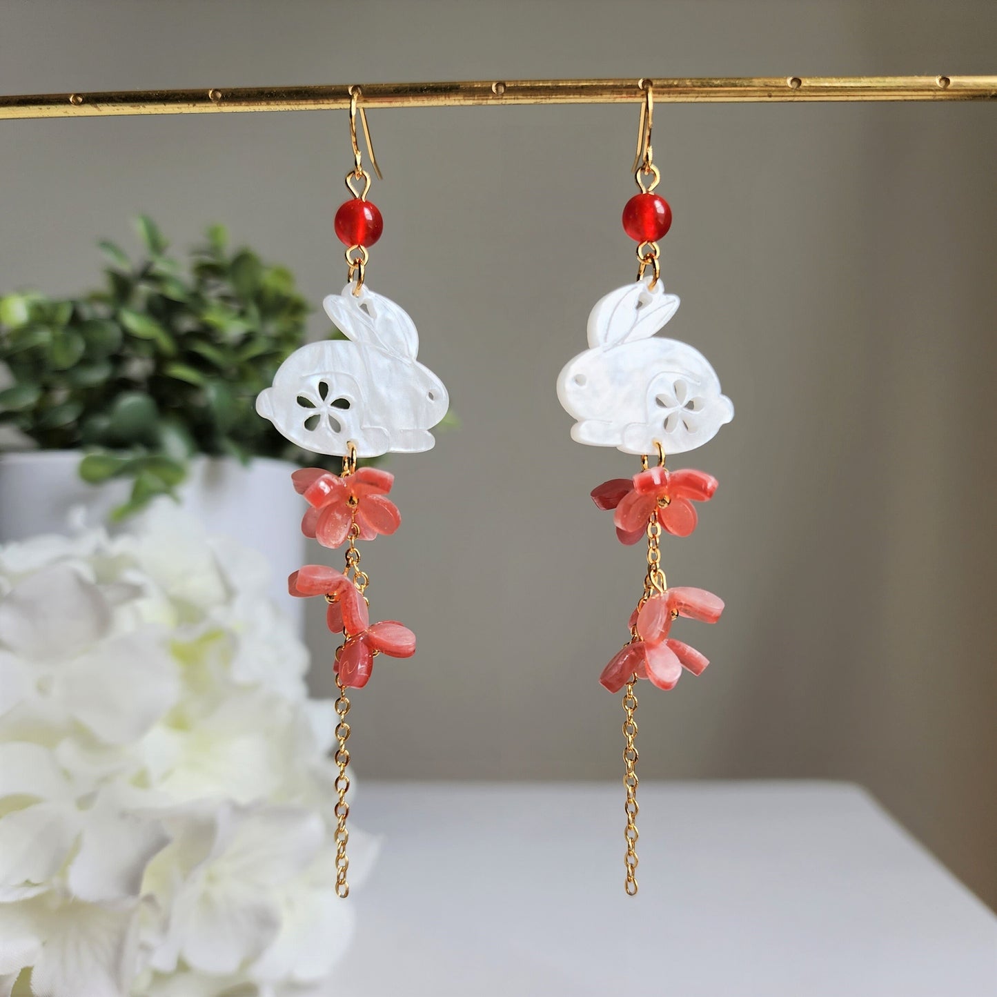 Osmanthus floral jade earrings, Japanese rabbit with blossom flower earrings, Japanese bunny earrings, gift for her