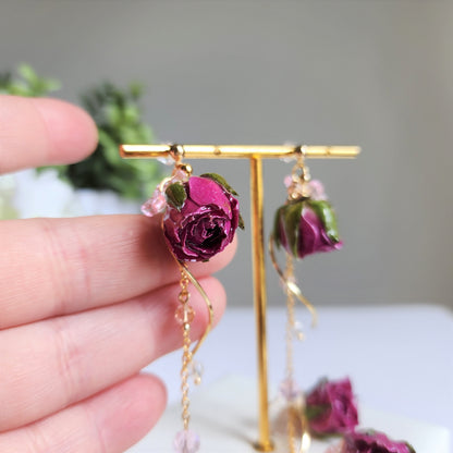 Dainty purple rose earrings, Light purple real rose dangle earrings, Rose fairytale butterfly earrings, gift for her