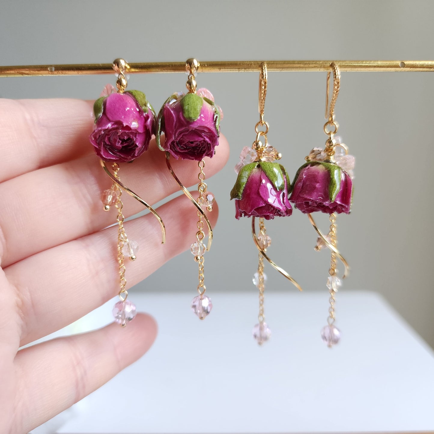 Dainty purple rose earrings, Light purple real rose dangle earrings, Rose fairytale butterfly earrings, gift for her