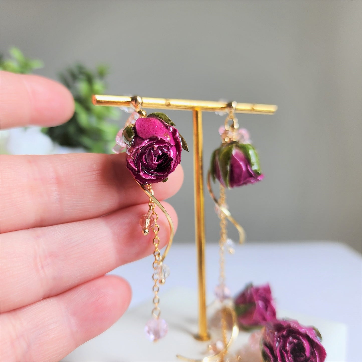 Dainty purple rose earrings, Light purple real rose dangle earrings, Rose fairytale butterfly earrings, gift for her