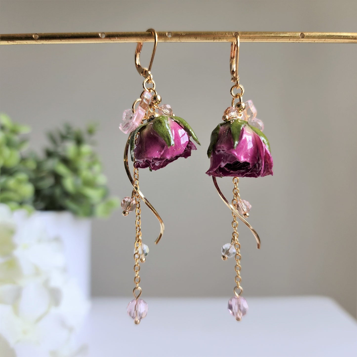 Dainty purple rose earrings, Light purple real rose dangle earrings, Rose fairytale butterfly earrings, gift for her