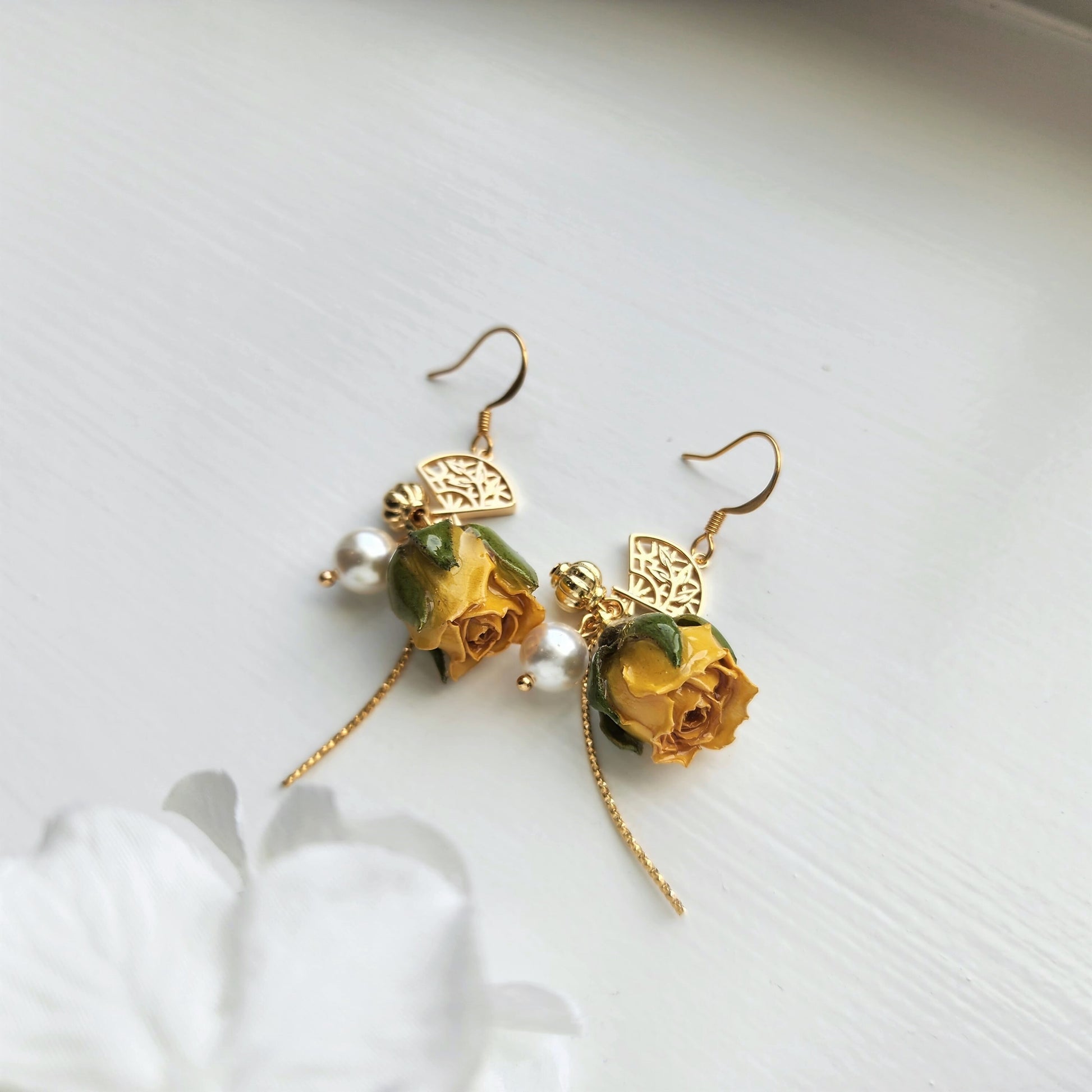 Yellow rose with Japanese fan earrings, Rose earrings, Real flower dangle earrings, gift for her