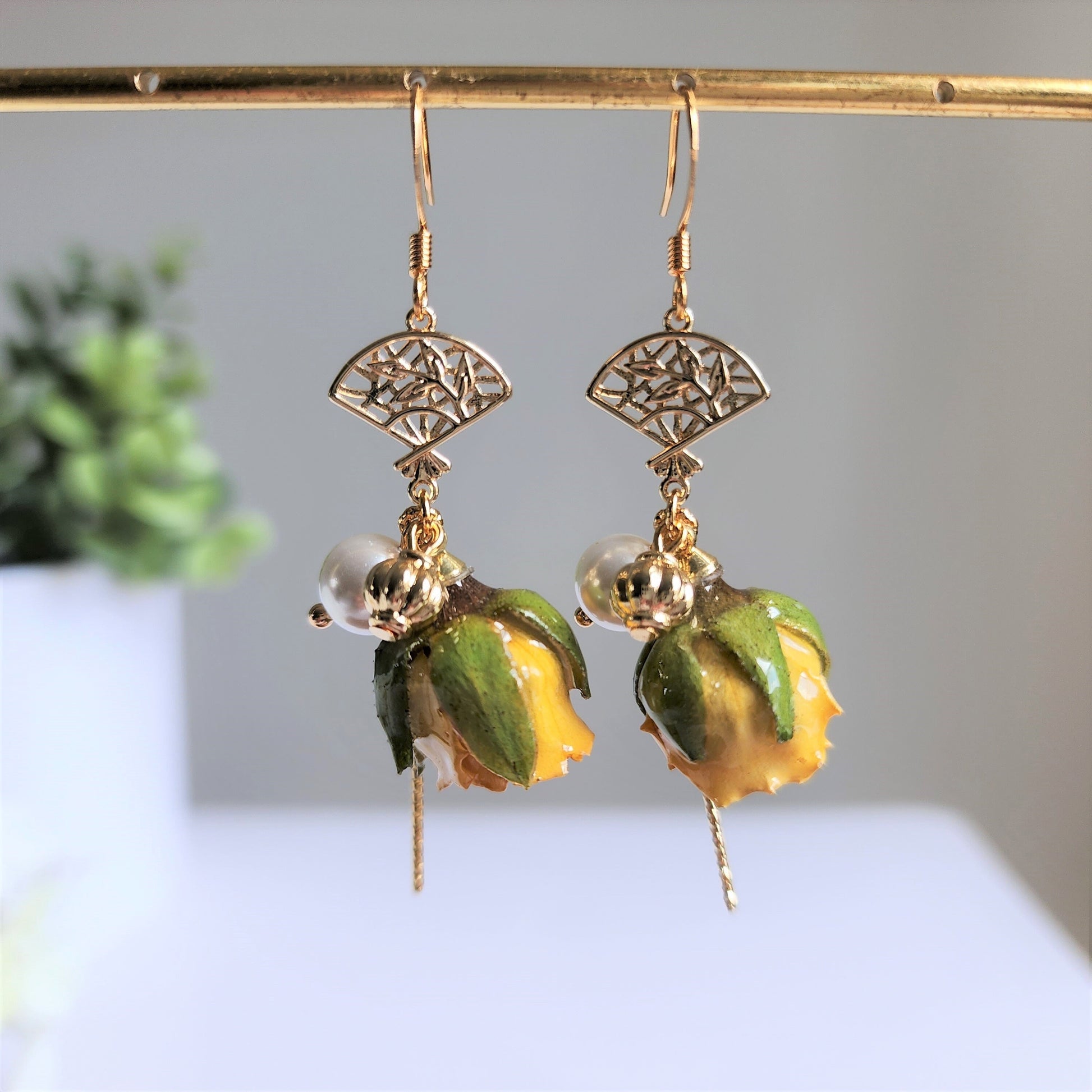 Yellow rose with Japanese fan earrings, Rose earrings, Real flower dangle earrings, gift for her