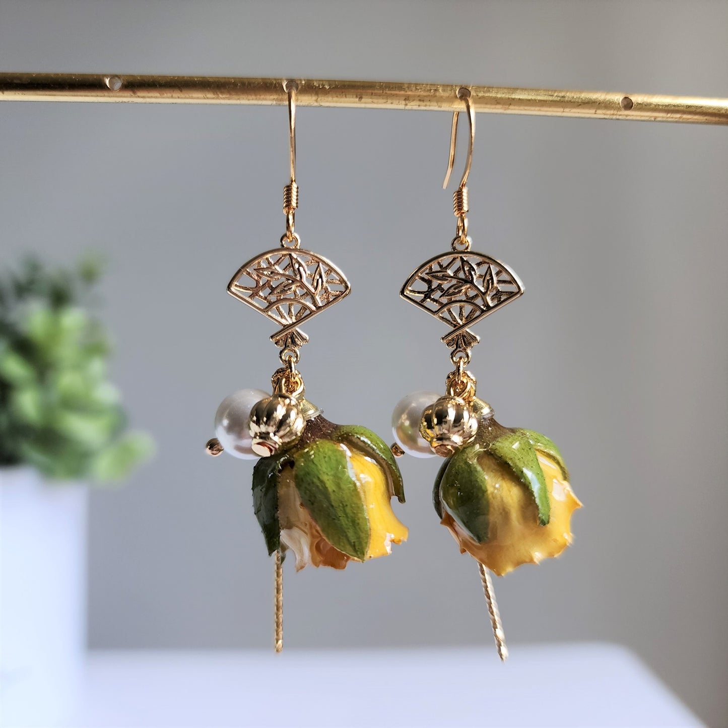 Yellow rose with Japanese fan earrings, Rose earrings, Real flower dangle earrings, gift for her