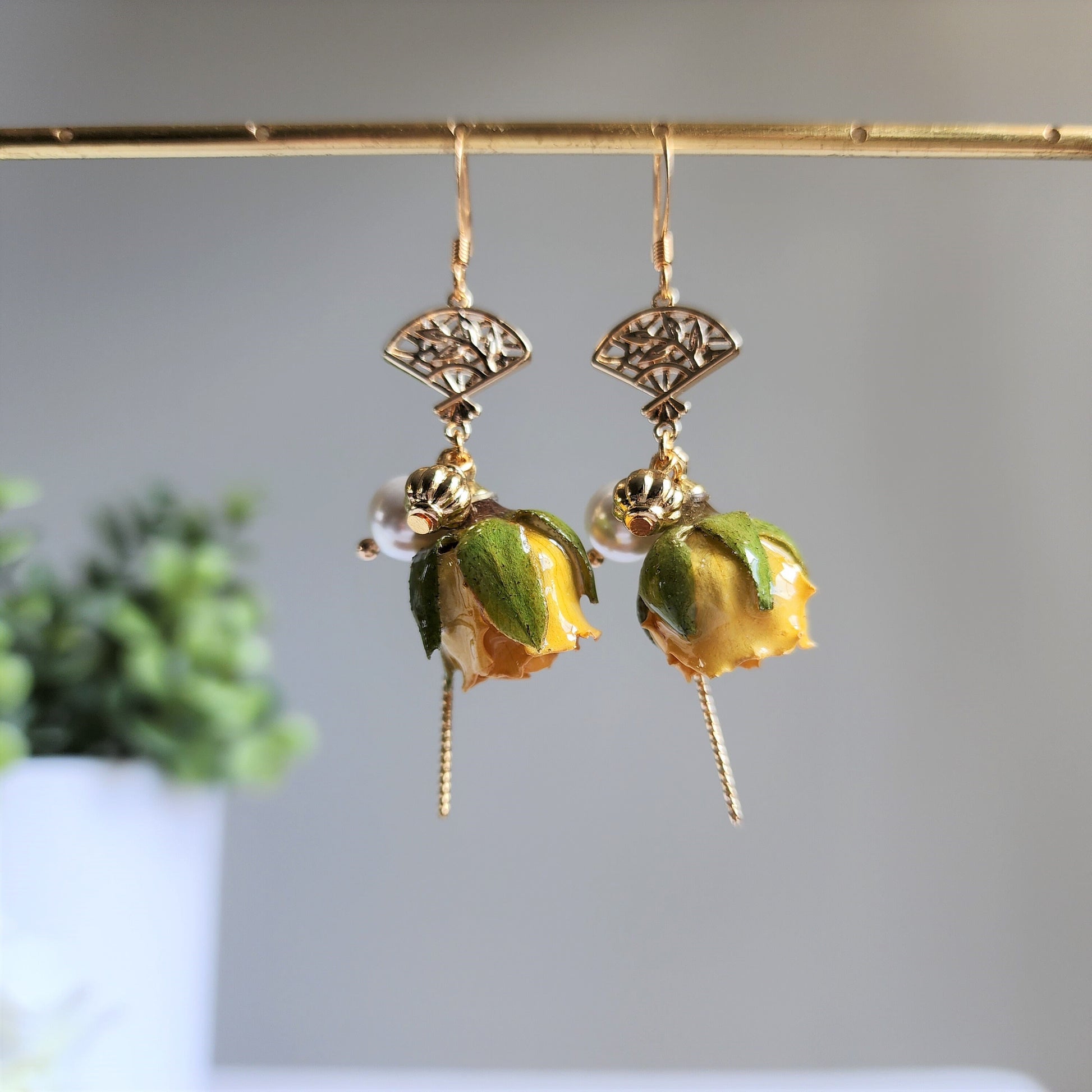 Yellow rose with Japanese fan earrings, Rose earrings, Real flower dangle earrings, gift for her