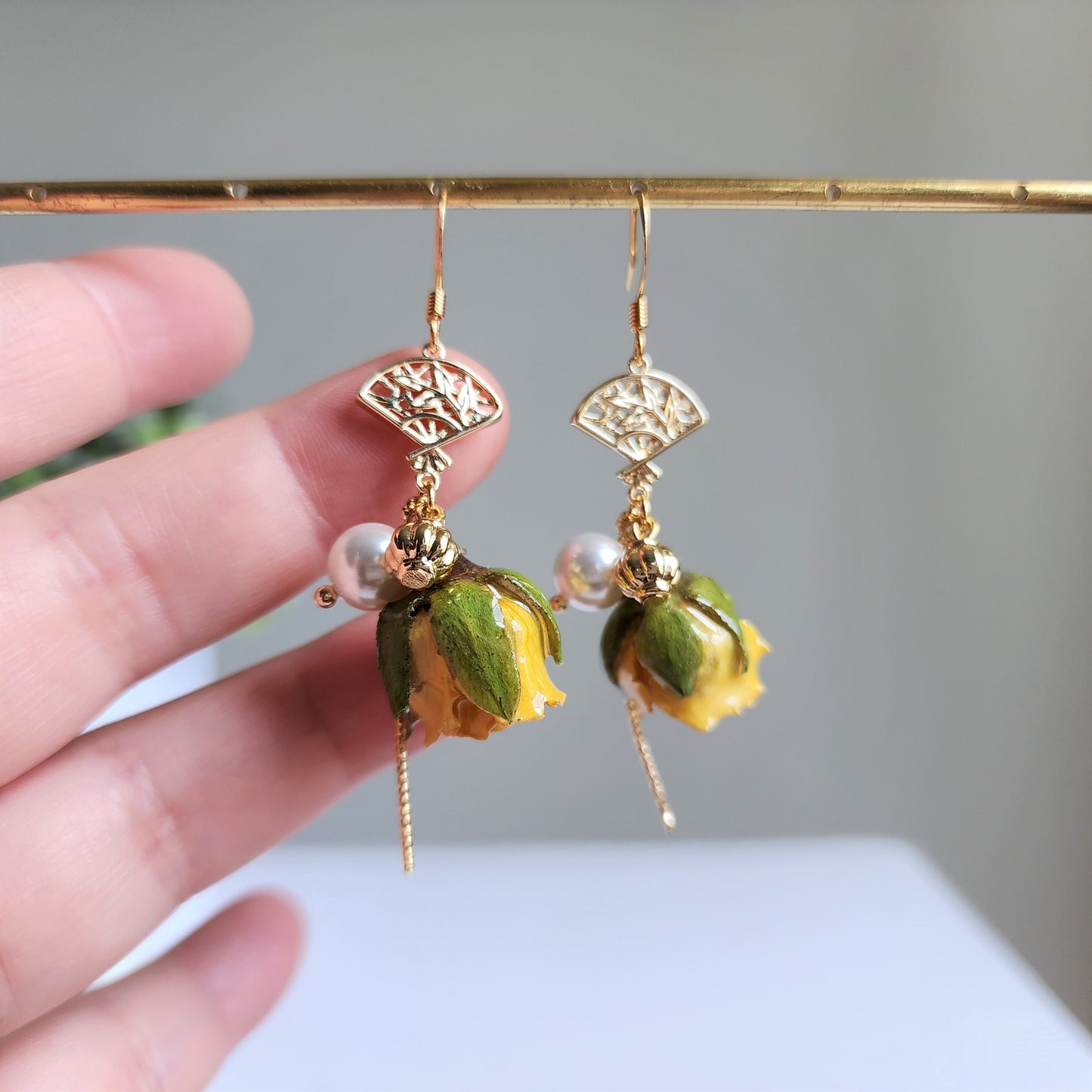 Yellow rose with Japanese fan earrings, Rose earrings, Real flower dangle earrings, gift for her