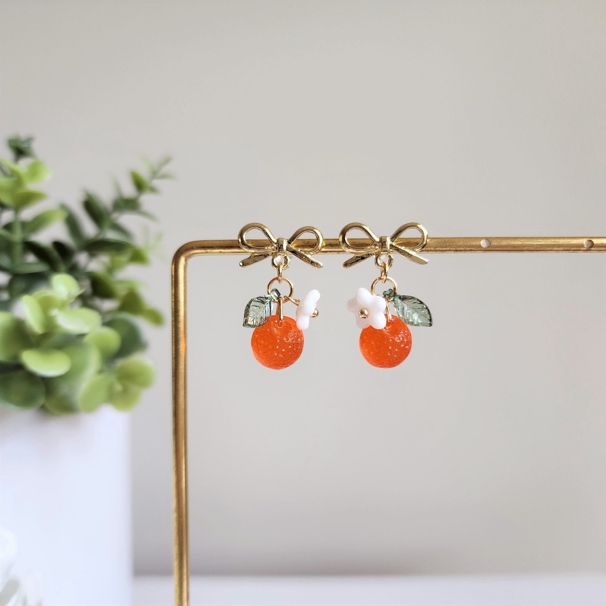 Orange earrings, Czech glass orange earrings, fruit dangle earrings