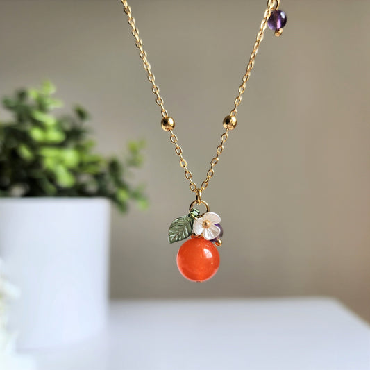 Jade orange necklace, yellow jade necklace, fruit necklace, food necklace, yellow jade and purple amethyst, gift for her