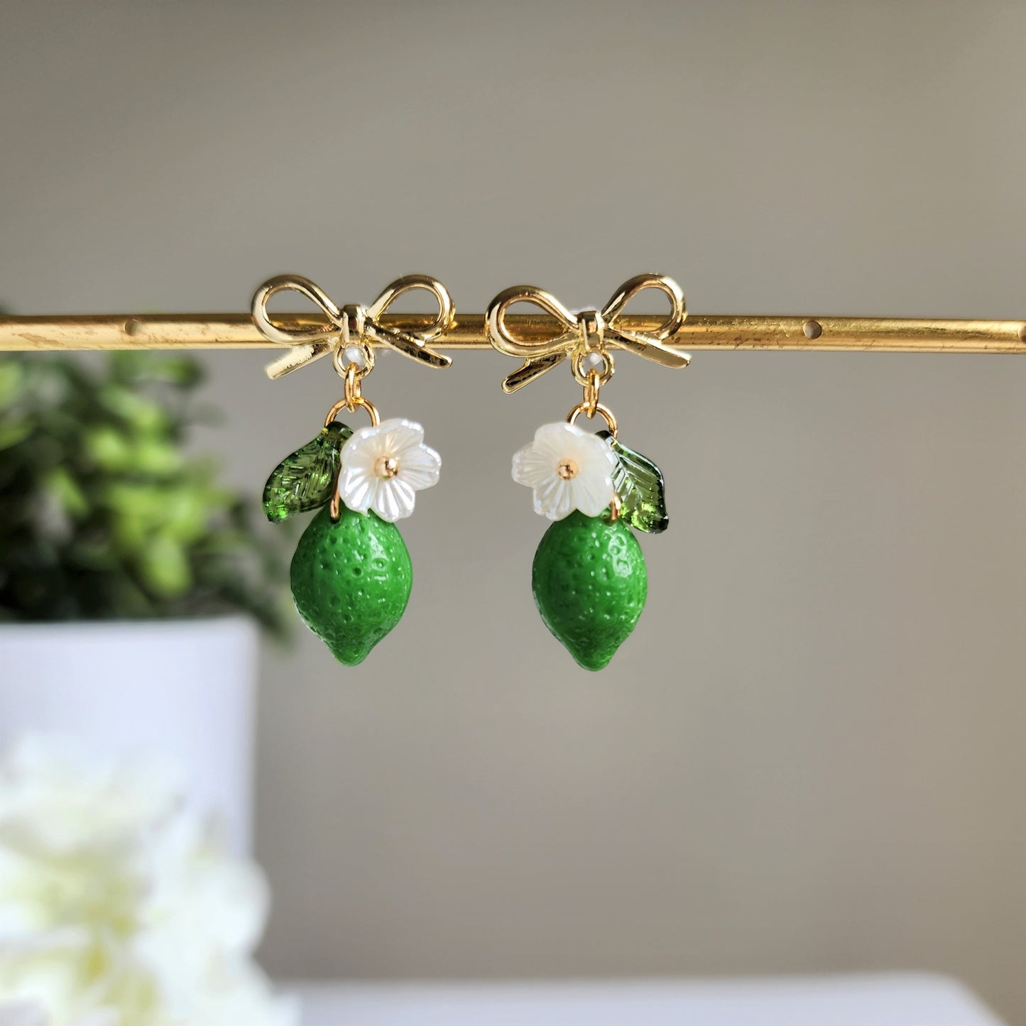 Lime Earrings, Glass green lemon dangle Earrings, Fruit earrings, Food earrings, gift for her