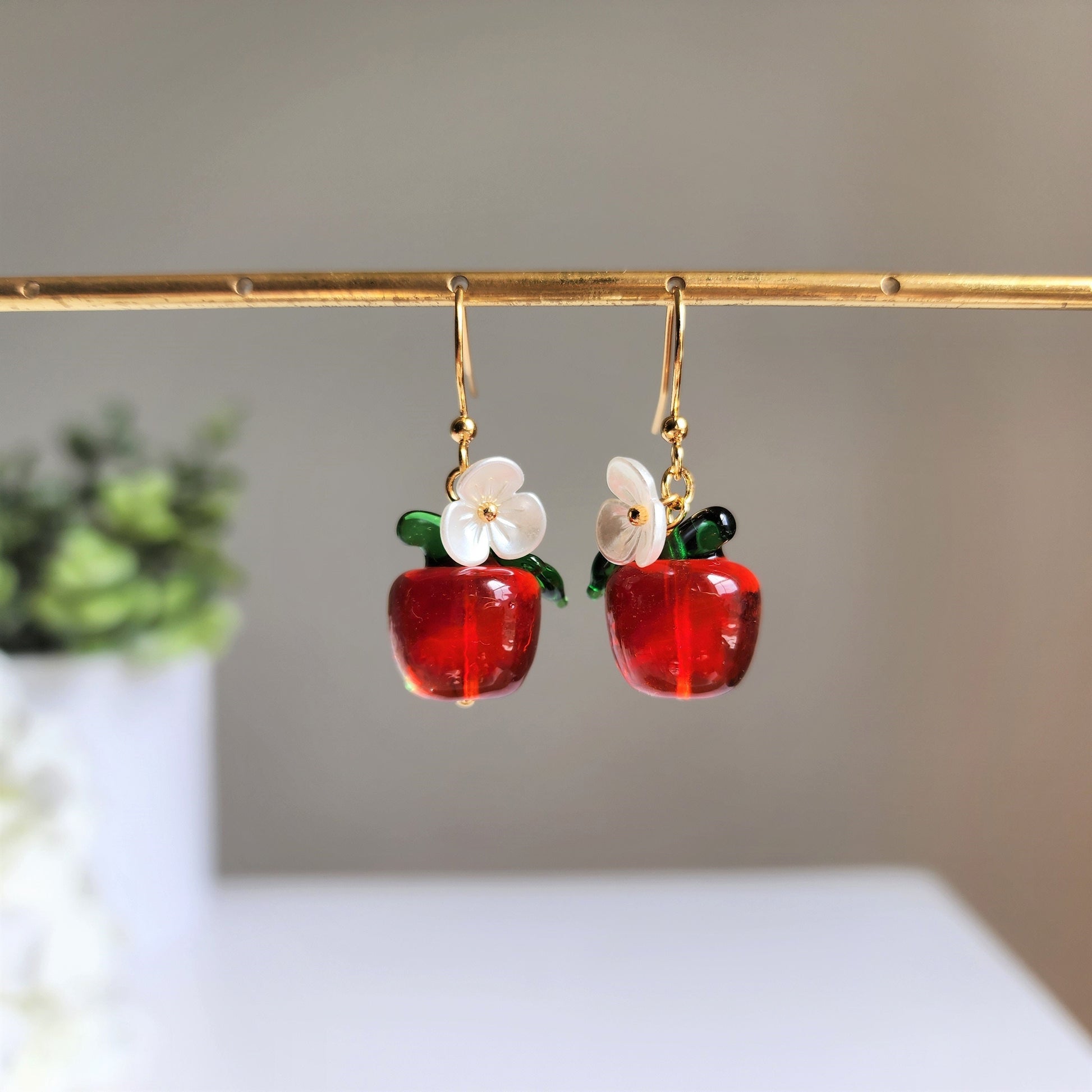 Big apple earrings, red apple dangle earrings, fruit earrings, gift for her