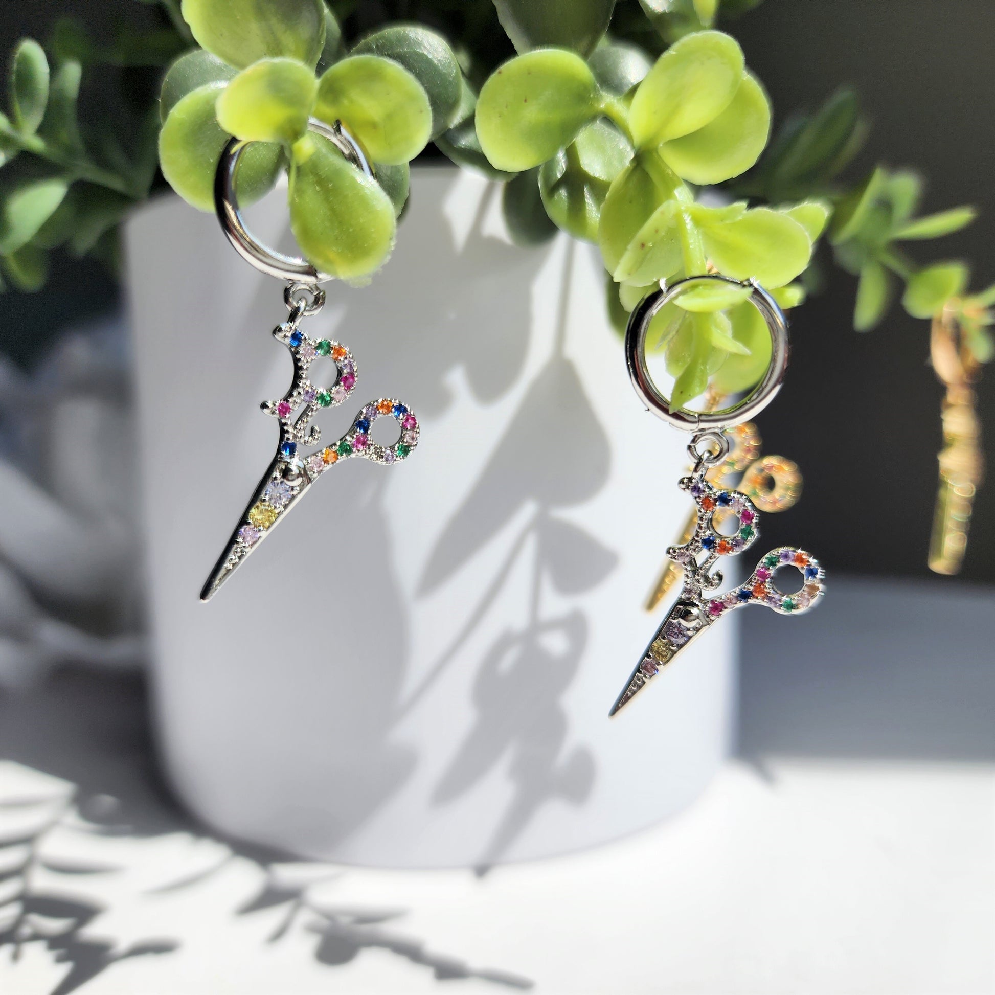 Scissors earrings, colorful zircon earrings, gold and silver scissors earrings, gift for her