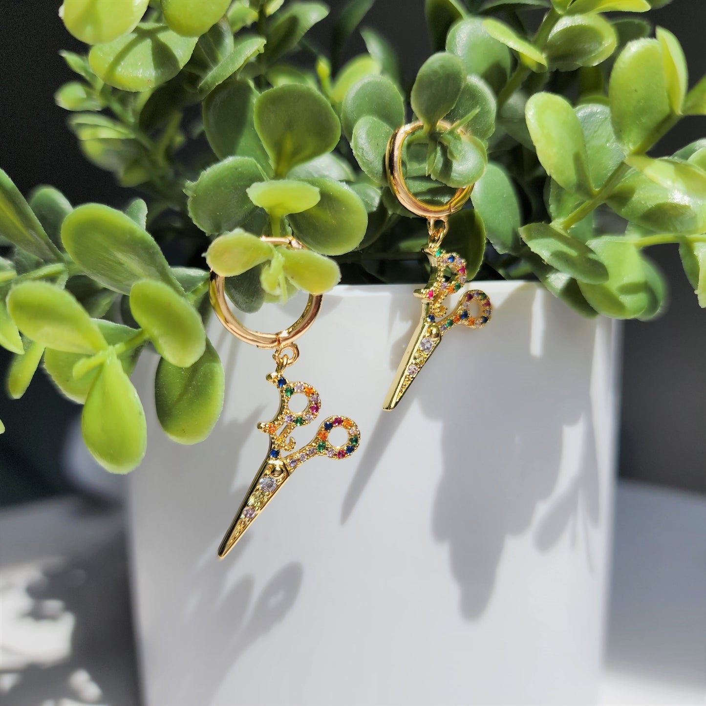 Scissors earrings, colorful zircon earrings, gold and silver scissors earrings, gift for her