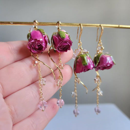 Dainty purple rose earrings, Light purple real rose dangle earrings, Rose fairytale butterfly earrings, gift for her
