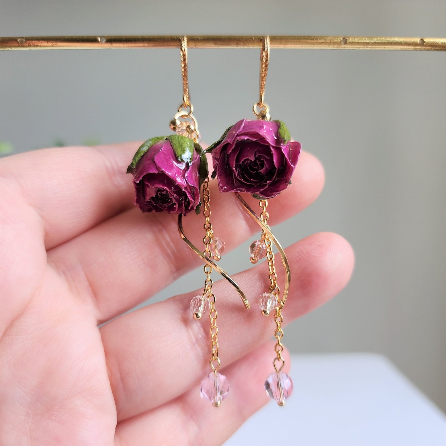 Dainty purple rose earrings, Light purple real rose dangle earrings, Rose fairytale butterfly earrings, gift for her