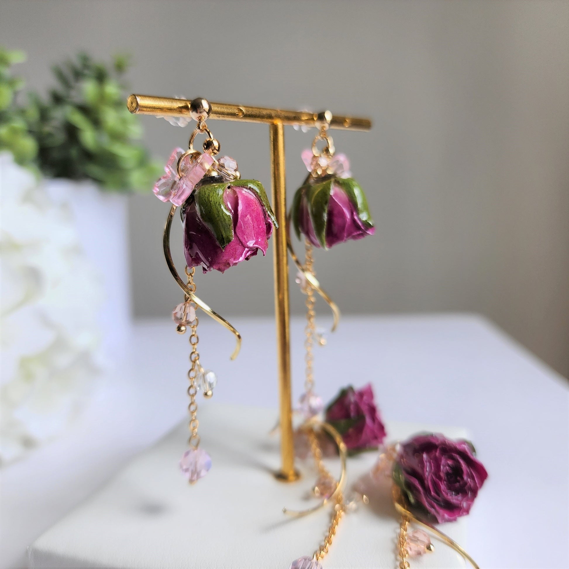 Dainty purple rose earrings, Light purple real rose dangle earrings, Rose fairytale butterfly earrings, gift for her