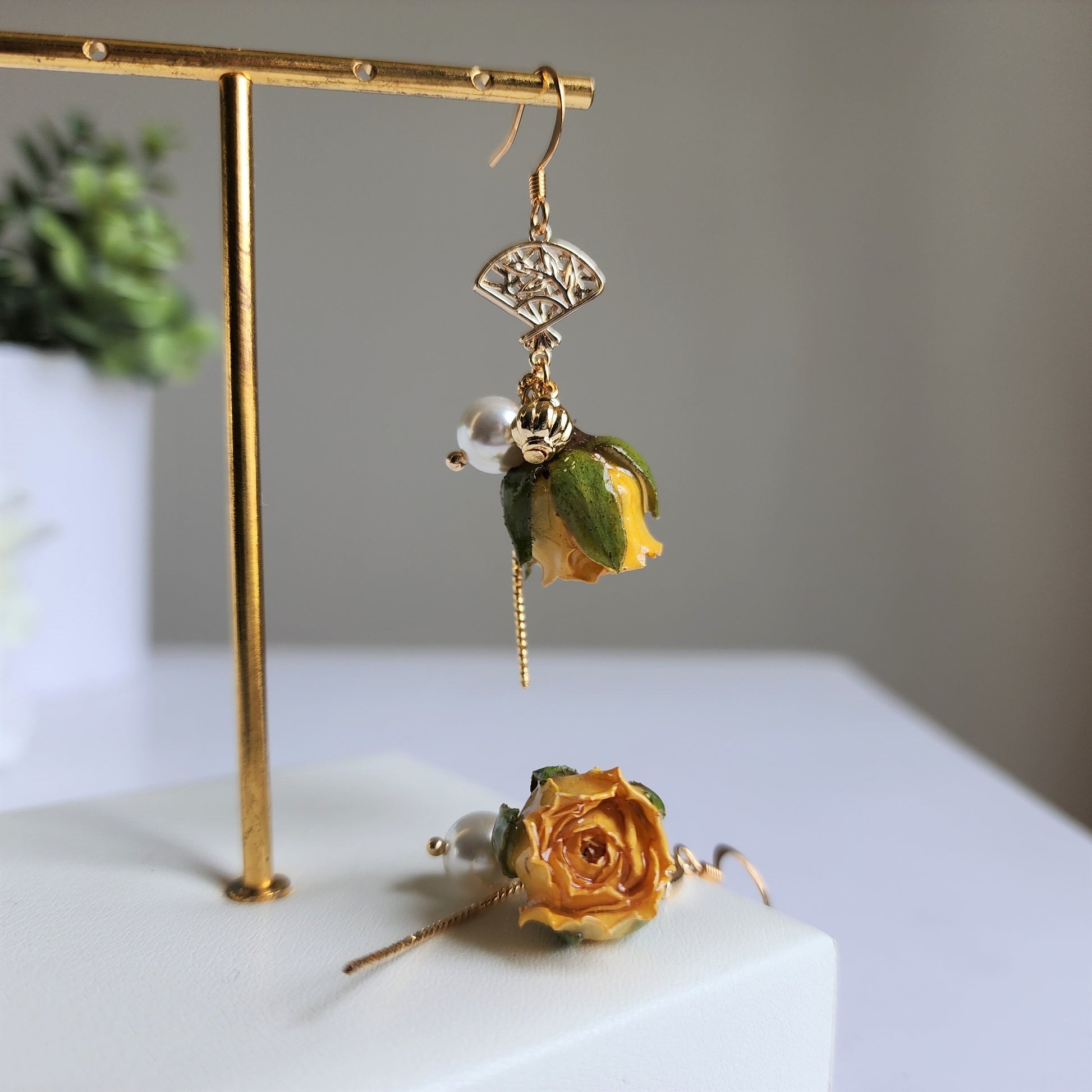 Yellow rose with Japanese fan earrings, Rose earrings, Real flower dangle earrings, gift for her