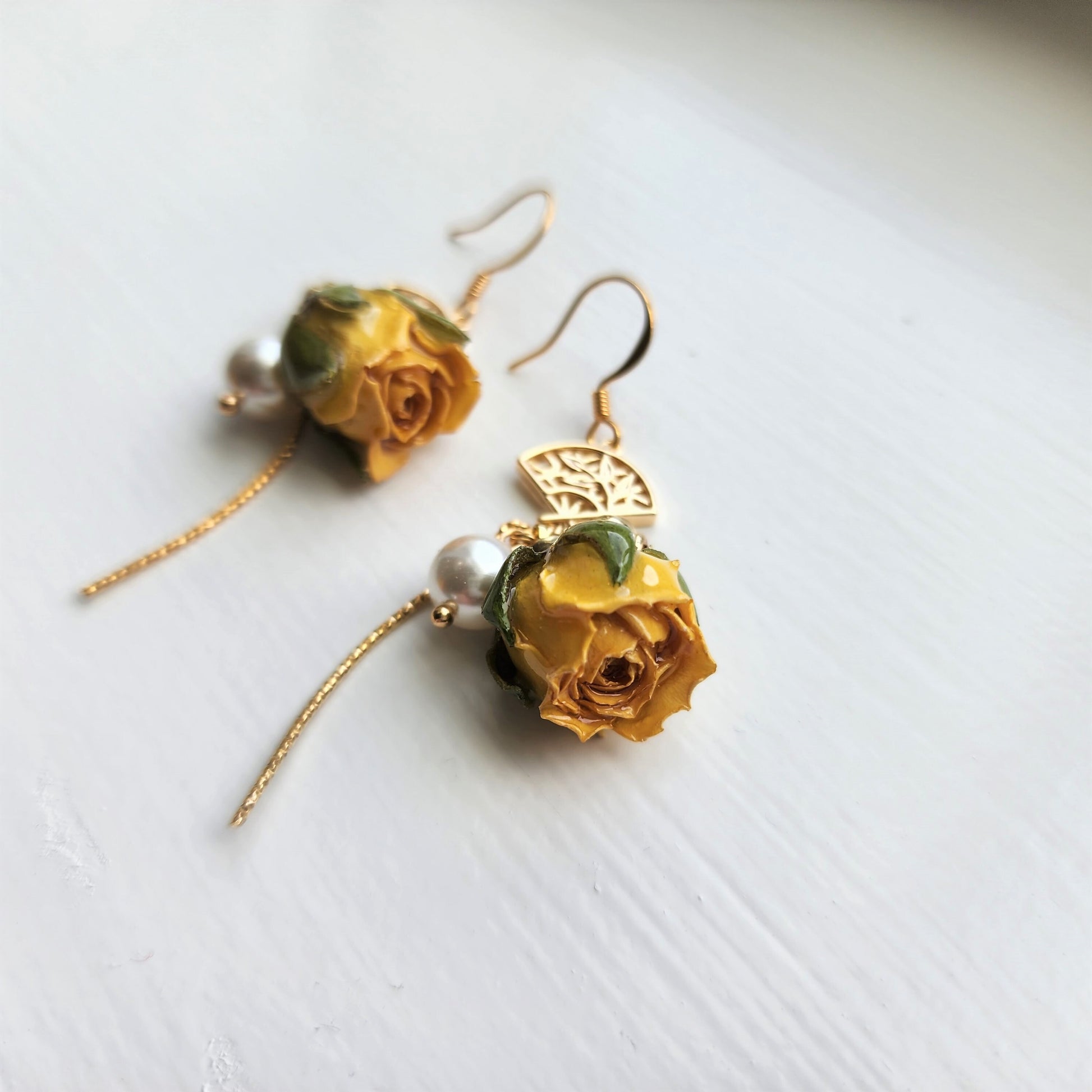 Yellow rose with Japanese fan earrings, Rose earrings, Real flower dangle earrings, gift for her