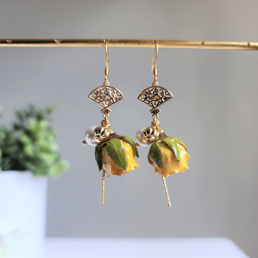 Yellow rose with Japanese fan earrings, Rose earrings, Real flower dangle earrings, gift for her