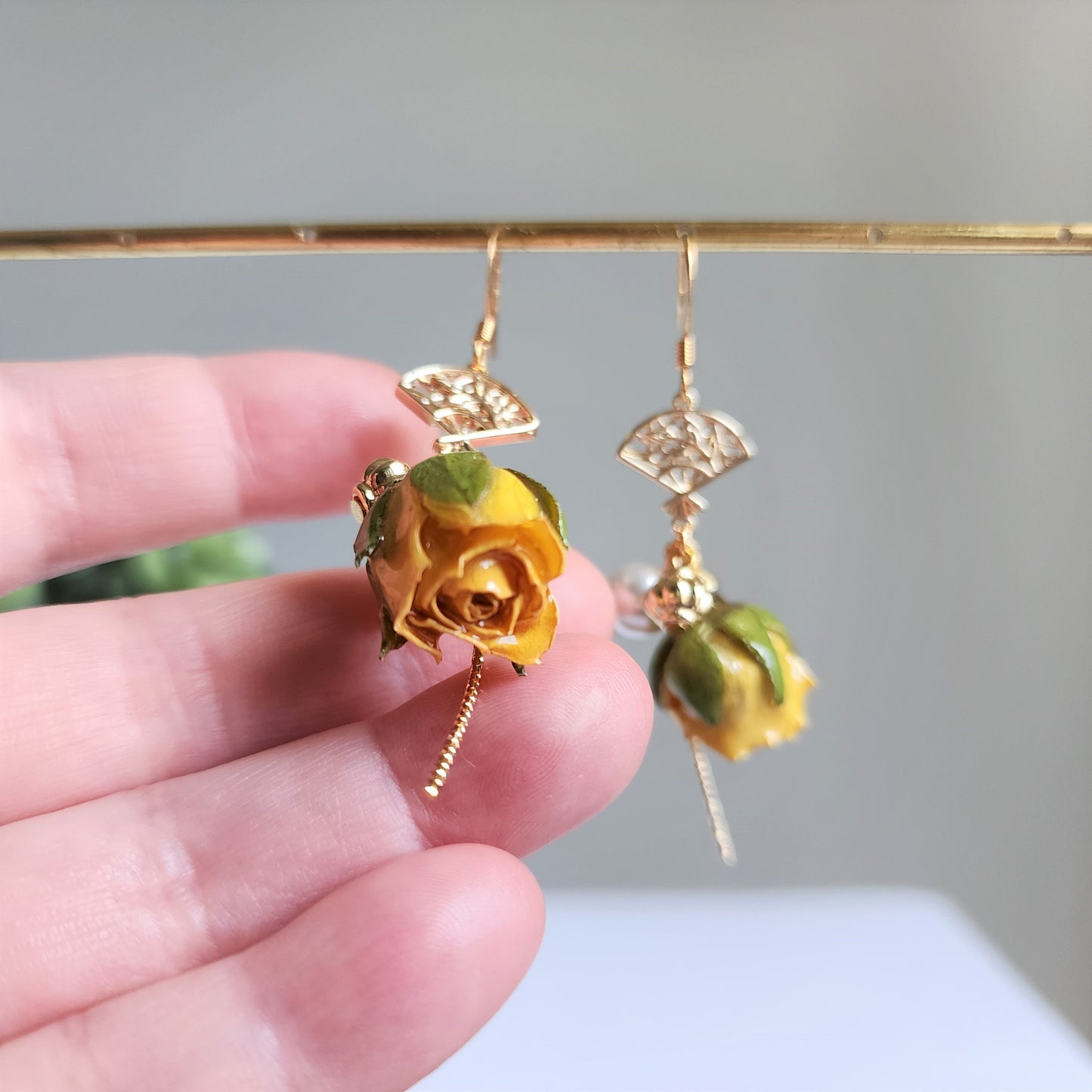 Yellow rose with Japanese fan earrings, Rose earrings, Real flower dangle earrings, gift for her