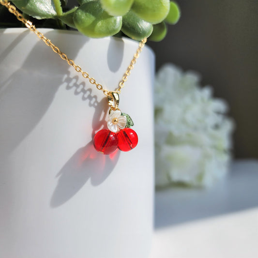 Cherry necklace, sweet cherry necklace, cute gold plated necklace, fruit necklace, food necklace
