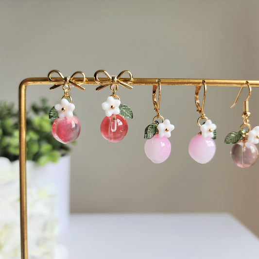 Peach earrings, fruit dangle earrings, food earrings, gift for her