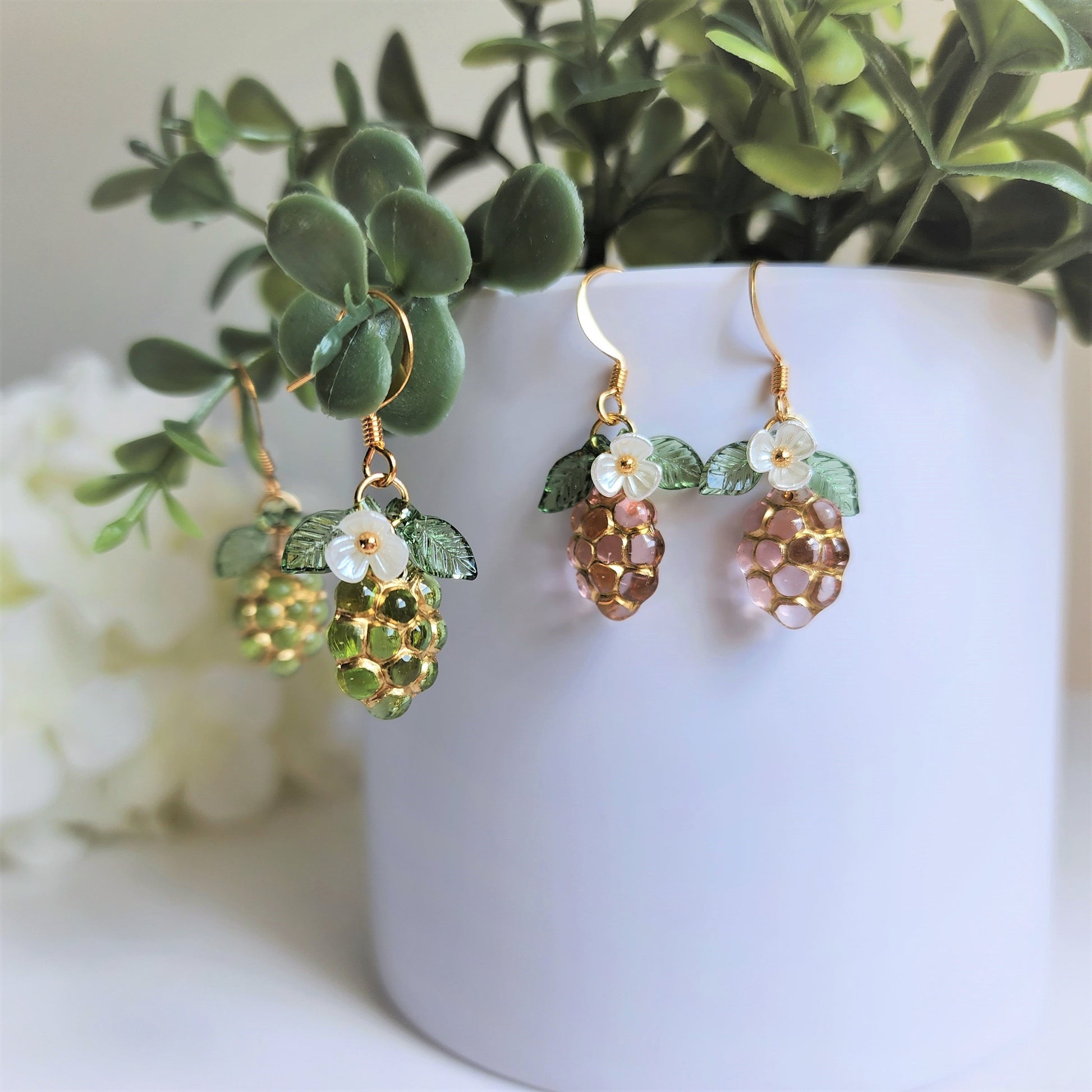 Transparent grape earrings, Gold decor grape earrings, Fruit earrings, Food earrings, Gift for her