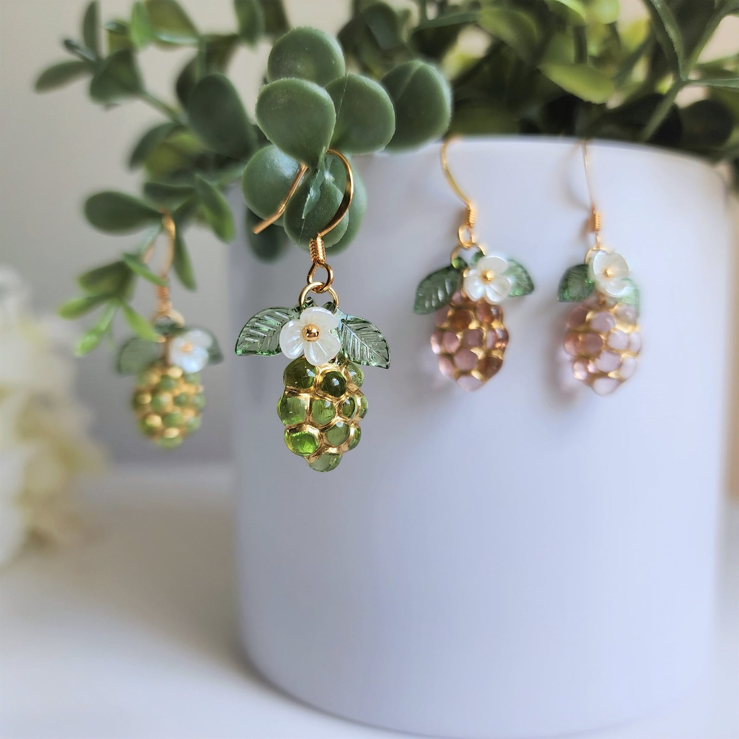 Transparent grape earrings, Gold decor grape earrings, Fruit earrings, Food earrings, Gift for her