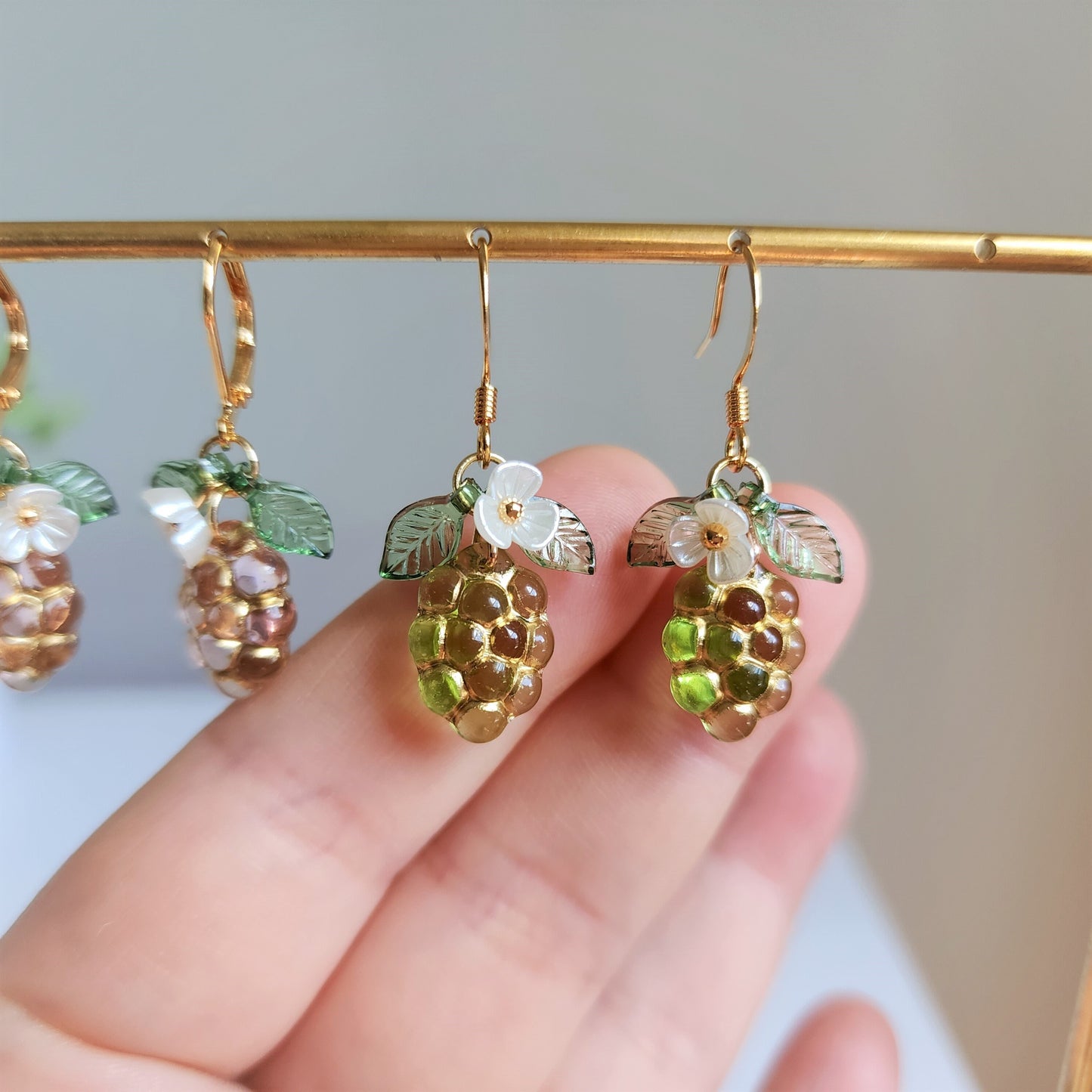 Transparent grape earrings, Gold decor grape earrings, Fruit earrings, Food earrings, Gift for her