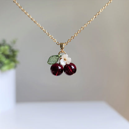 Cherry necklace, sweet cherry necklace, cute gold plated necklace, fruit necklace, food necklace