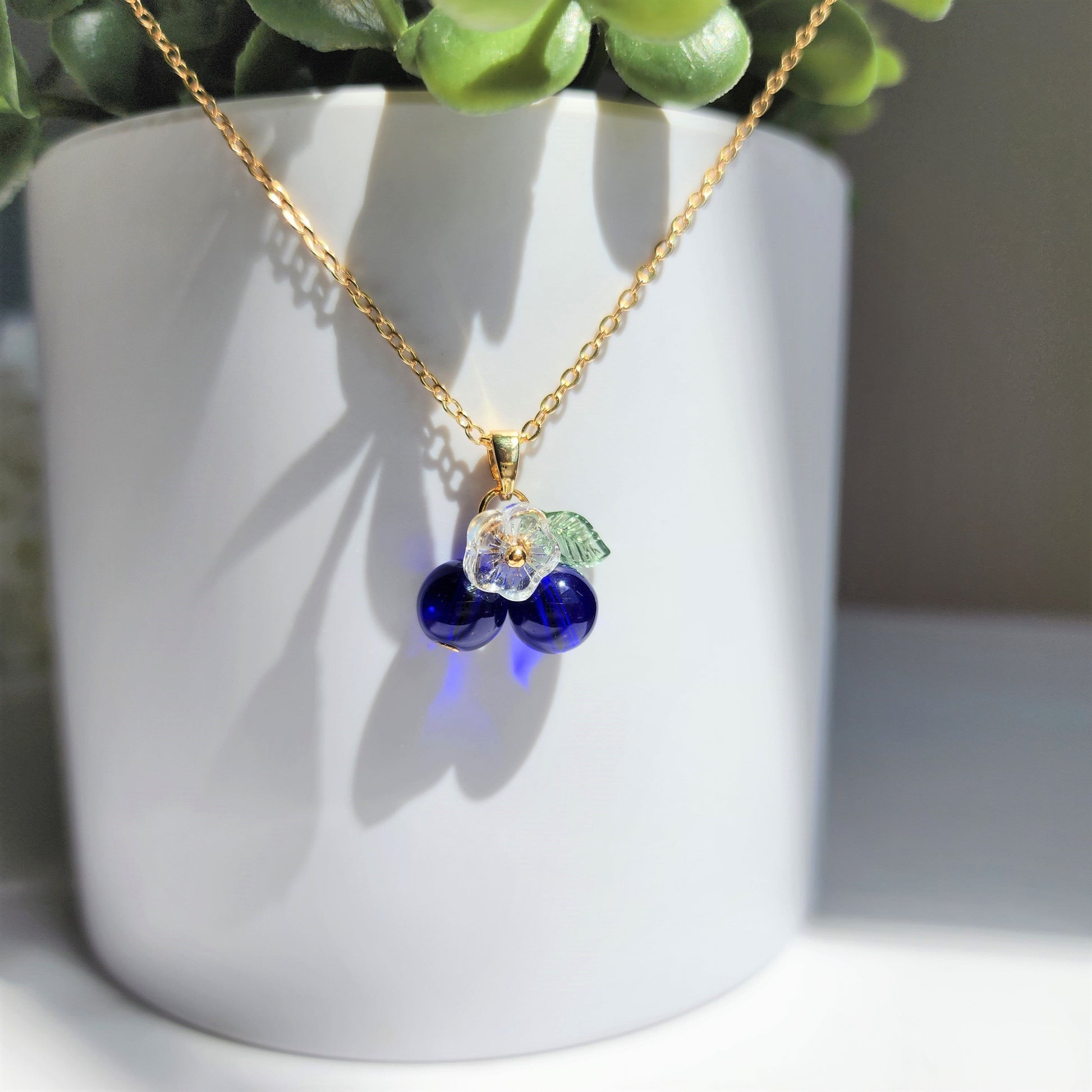 Blueberry necklace, Glass blueberry with flower necklace, Fruit necklace, Gift for her