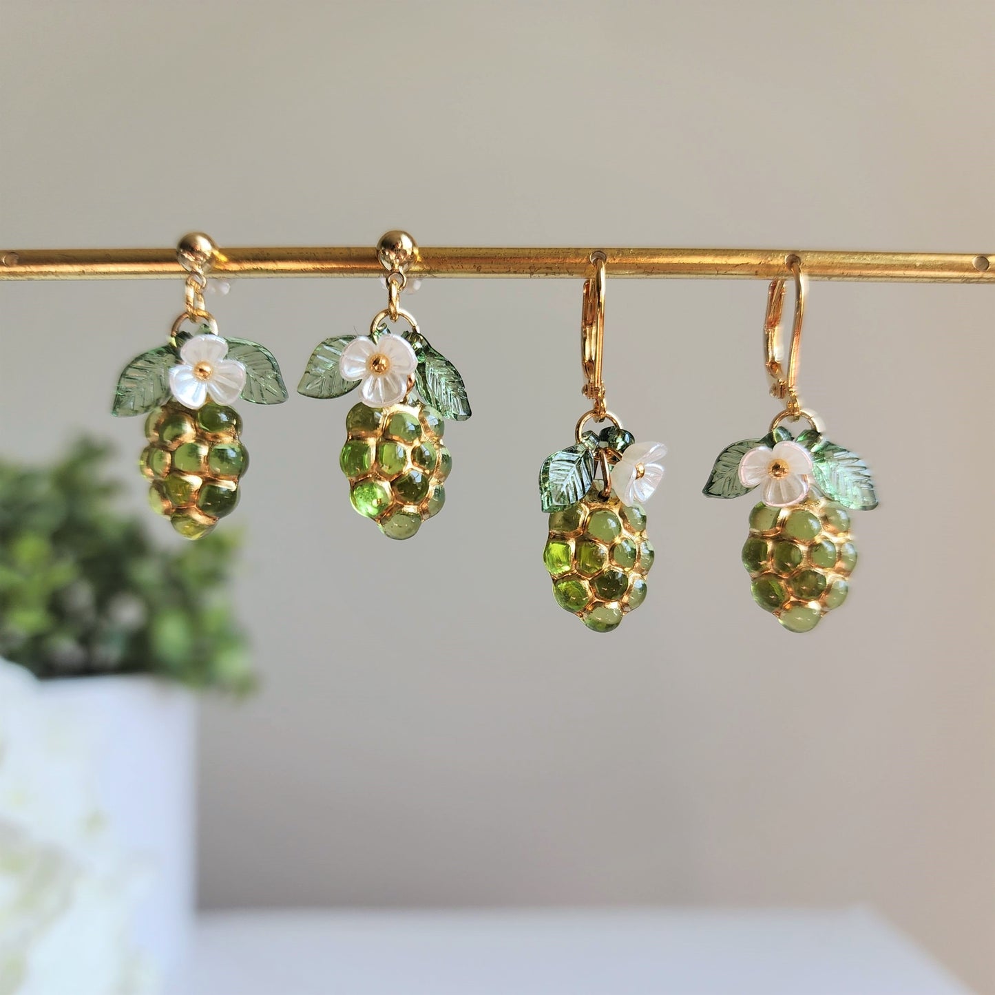 Transparent grape earrings, Gold decor grape earrings, Fruit earrings, Food earrings, Gift for her