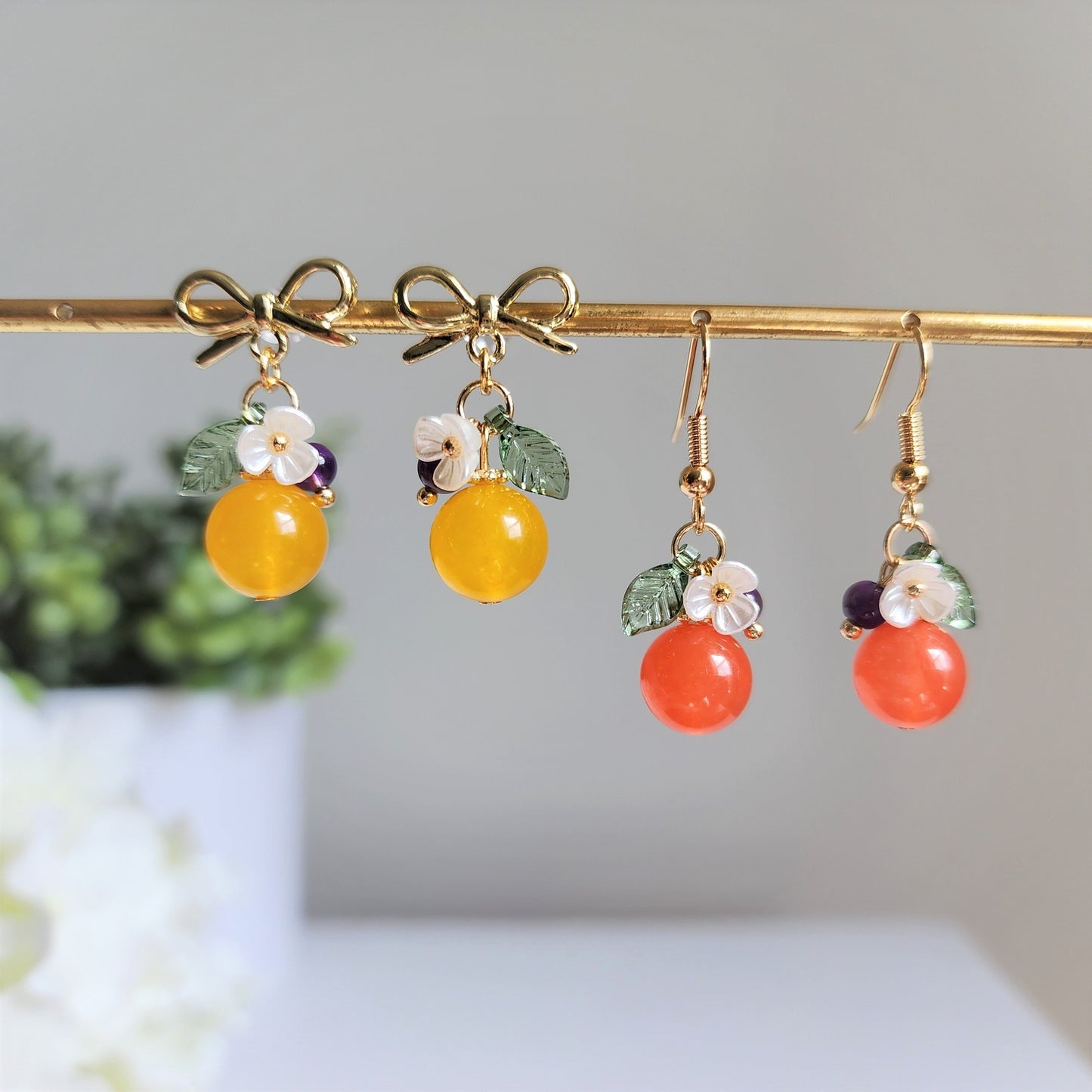 Jade Orange earrings, Natural Jade orange dangle earrings, food earrings, fruit earrings, Gift for her